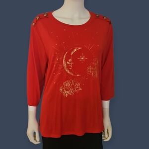 TRUSELF Red Gold Floral Celestial Moon Button Embellished Top